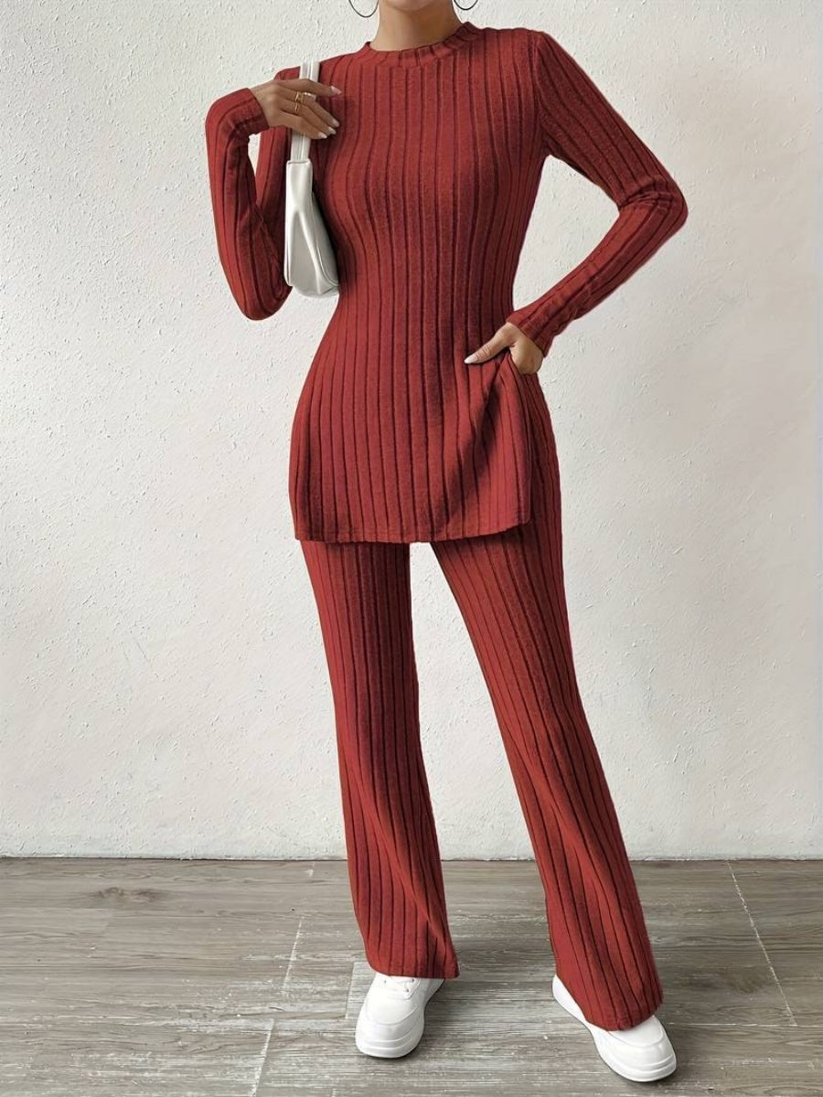 Leisure Long Sleeve Crew Neck Slit Pure Color 2-piece Sets