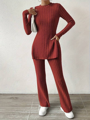 Leisure Long Sleeve Crew Neck Slit Pure Color 2-piece Sets
