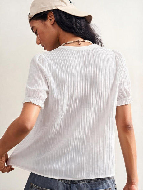 Openwork Lace Puff Sleeve V-neck Vertical Stripes T-shirts