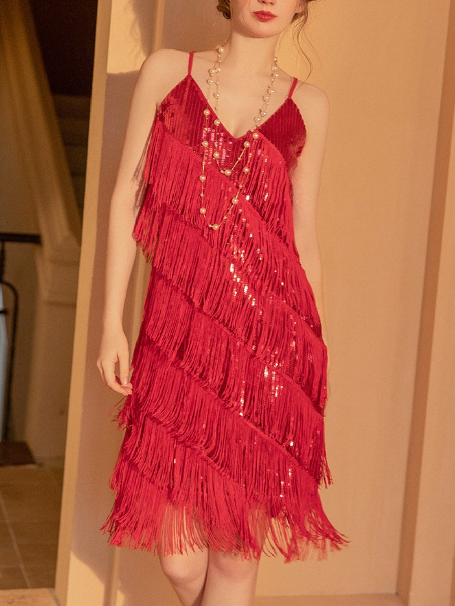 Black Sequins Tassel Spaghetti Strap Midi Dress