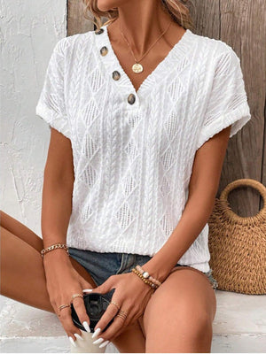 V-neck Button-down Loose Short-sleeved T-shirt