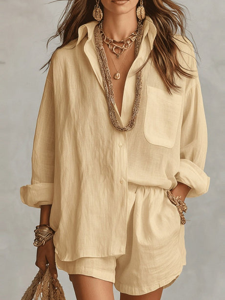Lazy Style Shirt And Solid Color Shorts Two-piece Set