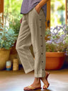 Breathable Cotton And Linen Cropped Trousers With Decorative Side Seams, Side Pockets, And A High Waist.