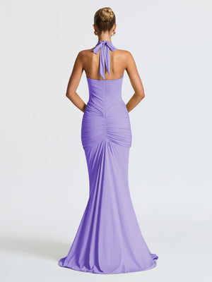 Halter Neck Deep V-neck Fitted Waist Long Dress Sexy Backless Ribbon Fishtail Long Dress