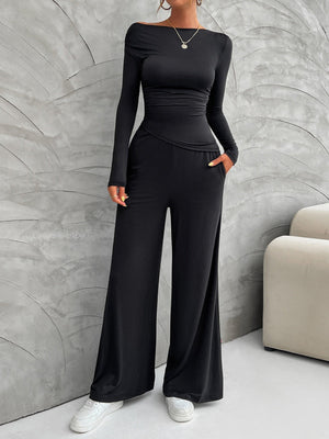 Leisure Pleated Solid Color Long Sleeve 2-piece Sets