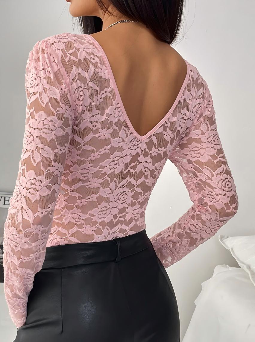 Lace Long Sleeve Perspective Slim Fit Bodysuit