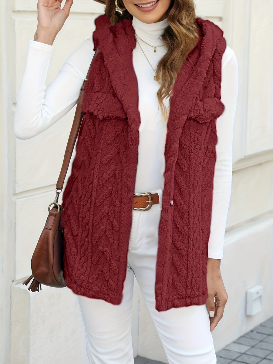 Three-dimensional Geometric Pattern Warm And Fashionable Plush Hooded Cardigan Mid-length Vest