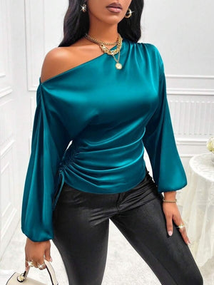 Satin Drawstring Asymmetrical Long-sleeved Slanted Neck T-shirt