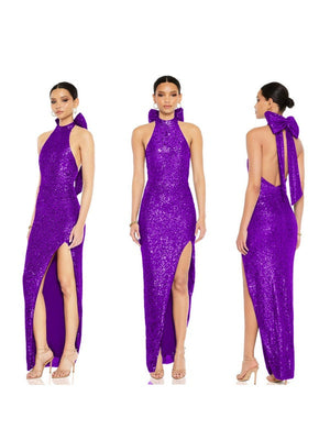 Sequined Large Bow Halter Neck Backless Parties Maxi Dresses