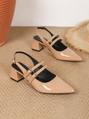 Metal Buckle Pointed Toe Open Back Chunky Heel Mary Jane Shoes