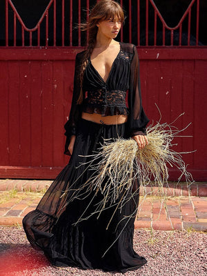 Two-piece Set: Lace Chiffon Cardigan Top, Loose-fitting Sheer Belted Skirt