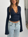 Sexy And Hot Long-sleeved Fitted V-neck Top With Lace Trim