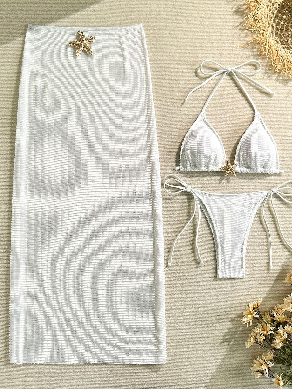 Solid Color Mesh Long Dress Starfish Swimsuit Bikini Three-piece Set