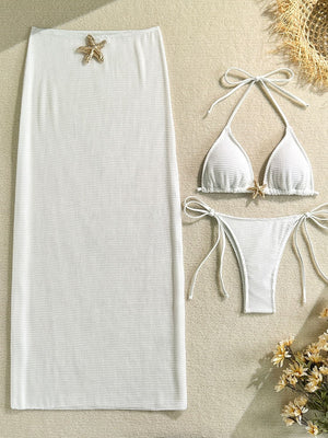 Solid Color Mesh Long Dress Starfish Swimsuit Bikini Three-piece Set
