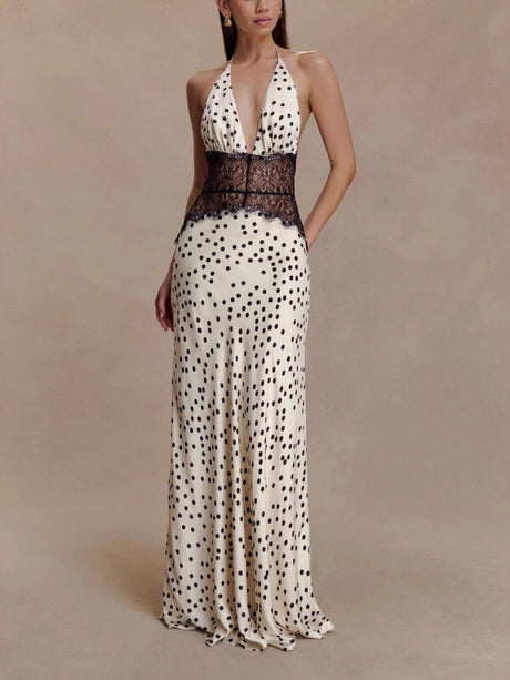 Spitzen-Perspektiv-Split-Detail-Satin-Maxikleider mit tiefem V-Ausschnitt