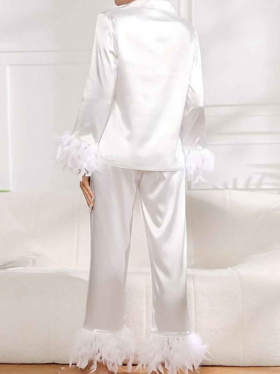 Feather Ice Silk Long-Sleeved Pants Pajama Set