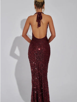 Sequined Deep V Halter Neck Bodycon Dress With Slightly Revealing Back