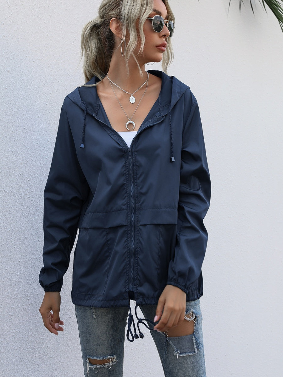 Hooded Zipper Outdoor Raincoat Coat Loose Windproof Long-sleeved Trench Coat
