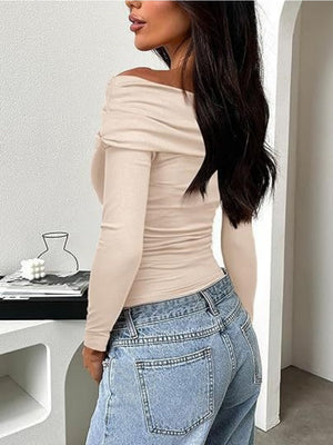 One Shoulder Long Sleeve Pleats Slim Fit T-shirts