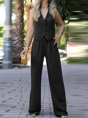 V-neck Sleeveless Vest, Flowy Wide-leg Trousers, Casual Style. 2-piece Sets