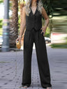 V-neck Sleeveless Vest, Flowy Wide-leg Trousers, Casual Style. 2-piece Sets