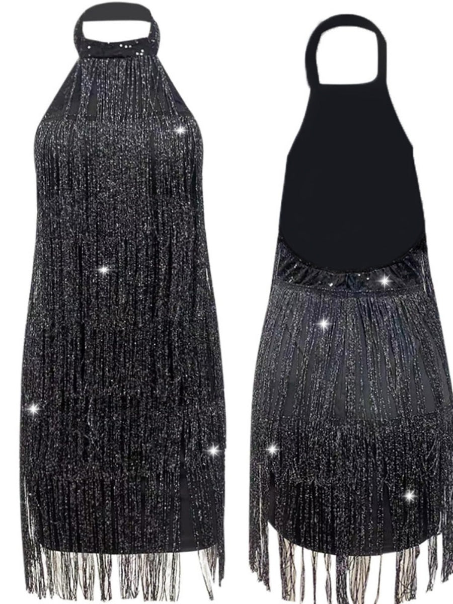 Robes courtes et mini sans manches à franges noires et dos nu