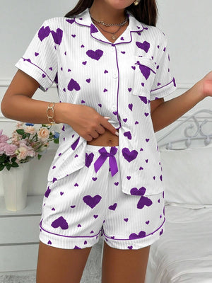Heart-print Cardigan With Collar And Button-down Short Sleeves And Shorts, Two-piece Loungewear Set