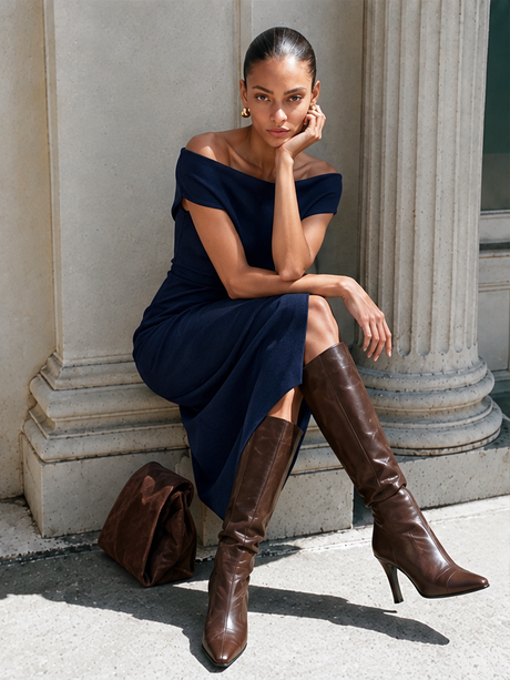 Off-the-shoulder, Fitted Waist, Pleated, Slit Midi Dress