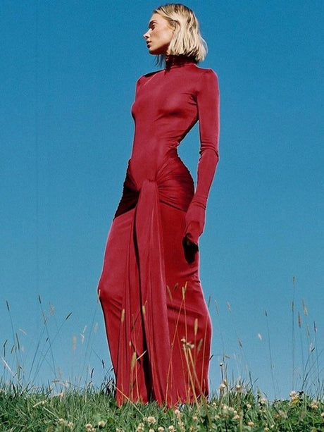 Turtleneck Long Sleeve Spliced Straps Slim Fit Maxi Dresses