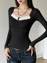 V-neck Lace-trimmed Long-sleeved T-shirt