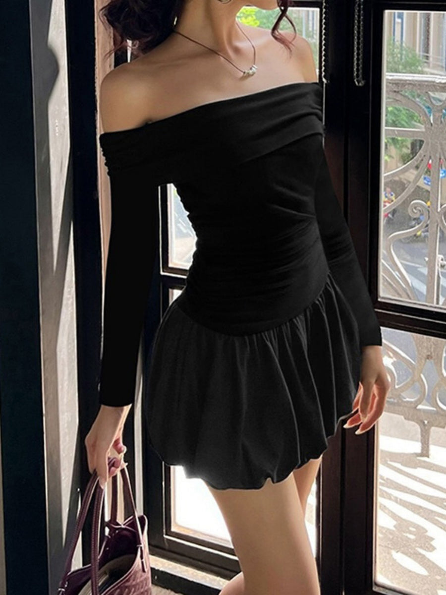 Liber Autumn Women's Off-shoulder Black and white color matching Long sleeve Mini&Short Dresses