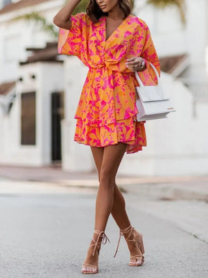 Loose-fit Batwing Sleeves Printed Commuting Mini&Short Dresses