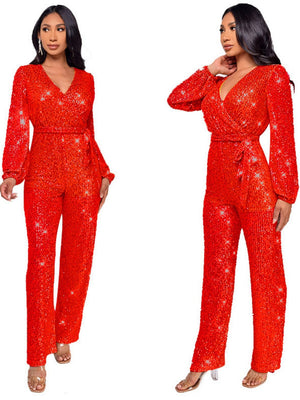 Deep V Long Sleeve Belt Sequins Jumpsuit