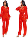 Deep V Long Sleeve Belt Sequins Jumpsuit