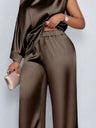 Satin Sloping Shoulders Short Sleeve Jacket Wide-leg Pants Set 2-piece Sets