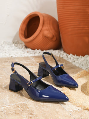 Metal Buckle Pointed Toe Open Back Chunky Heel Mary Jane Shoes