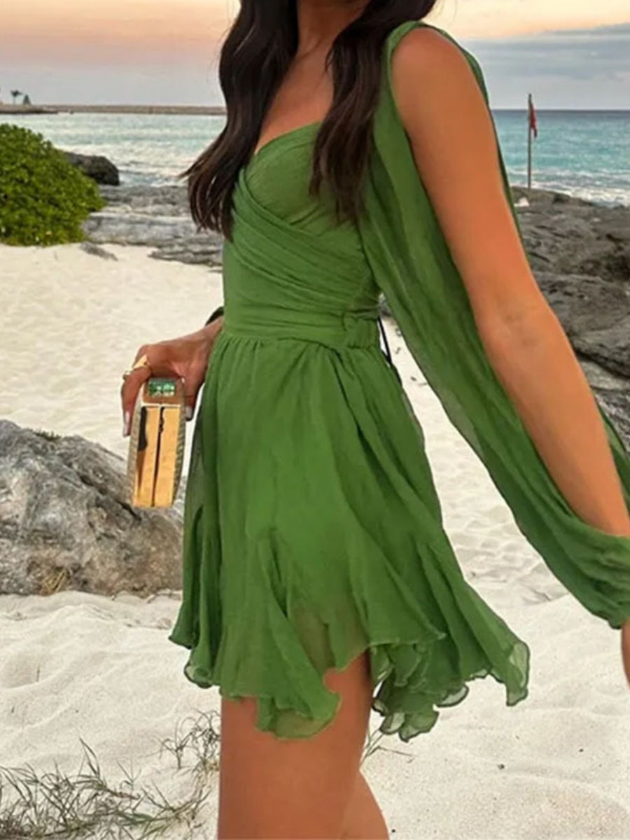 Off-shoulder Square Collar Big Swing Ruffle Leopard Print Mini&Short Dresses