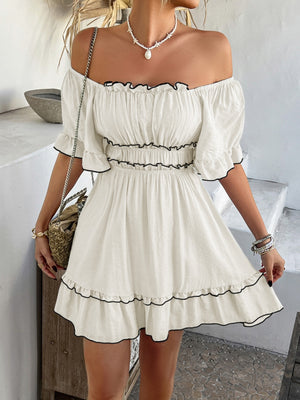 Square Neckline Ruffled Short-sleeved Long Dress
