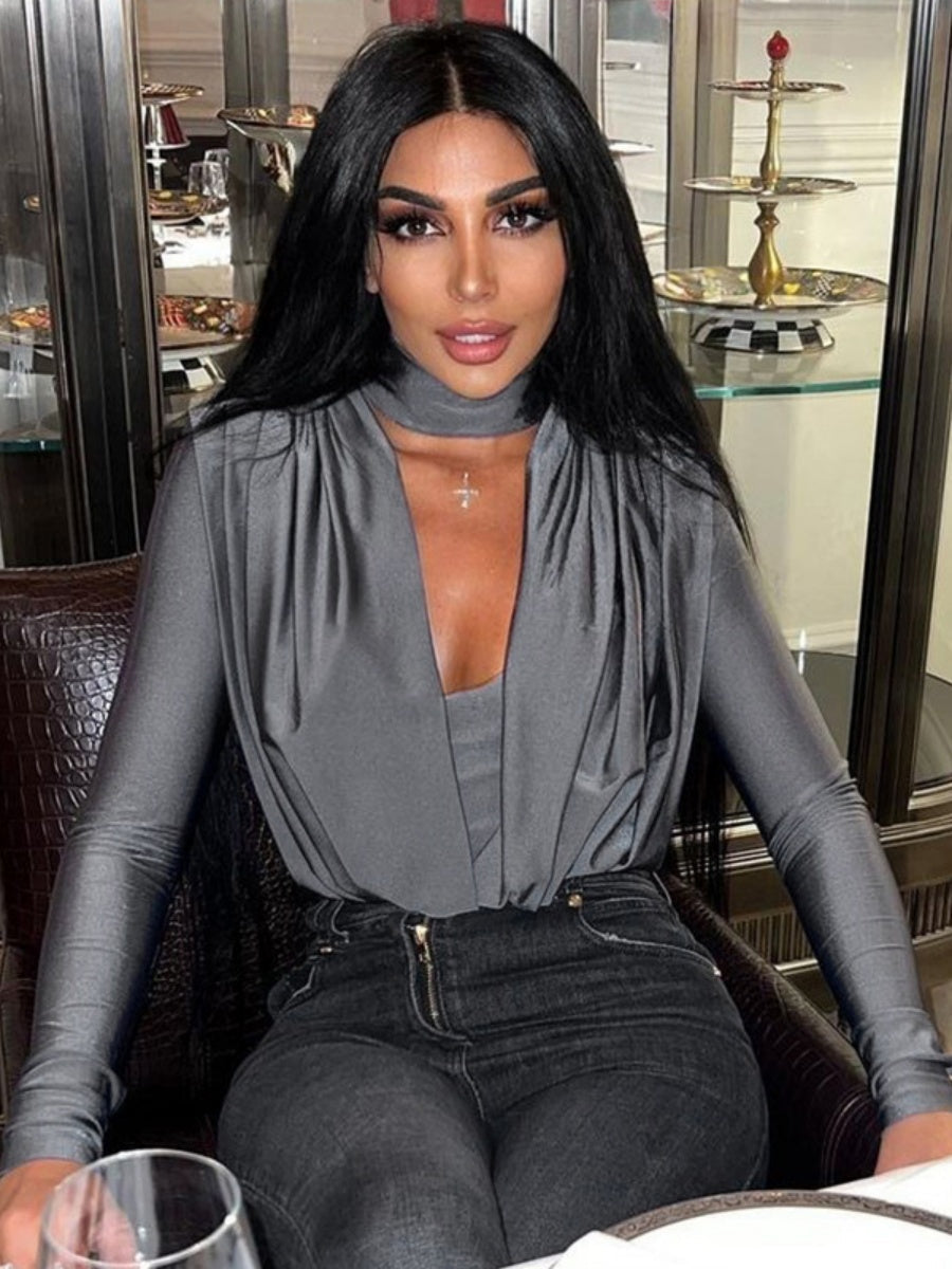 V-neck Slim Fit Pleated Decoration Base Layer Splicing Long-sleeved Bodysuit