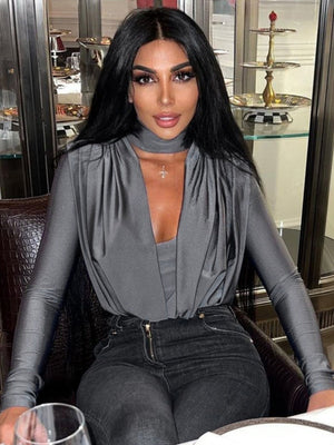 V-neck Slim Fit Pleated Decoration Base Layer Splicing Long-sleeved Bodysuit