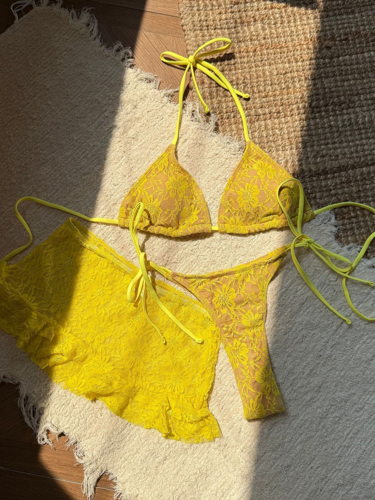 Sexy Lace Cutout Bikini Three-Piece Set For Beach