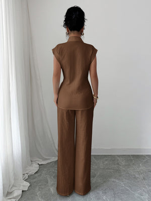 Lapel Sleeveless Kink Shirts Wide-leg Pants Business Suit 2-piece Sets