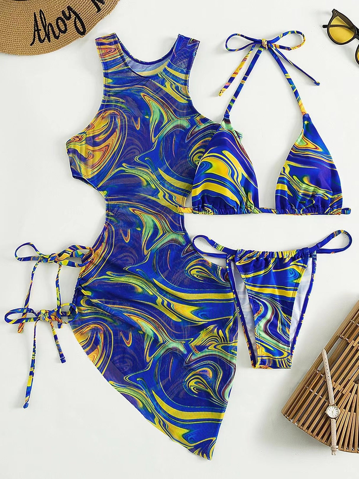 Hollow-out Drawstring Swimsuit Bikini Beach Cover-up Three-piece Set