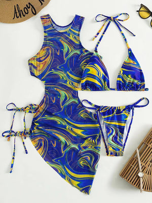 Hollow-out Drawstring Swimsuit Bikini Beach Cover-up Three-piece Set
