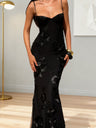 3D Embroidered Backless Cross-Strap Spaghetti Strap Long Dress