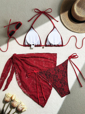 Lace Mesh Mini Skirt Swimsuit Bikini Three-Piece Set