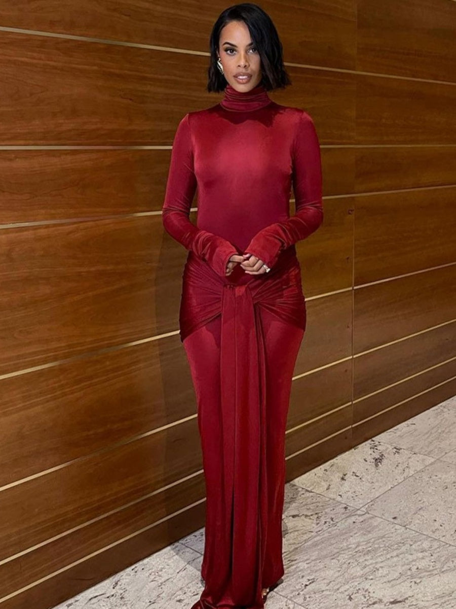 Turtleneck Long Sleeve Spliced Straps Slim Fit Maxi Dresses