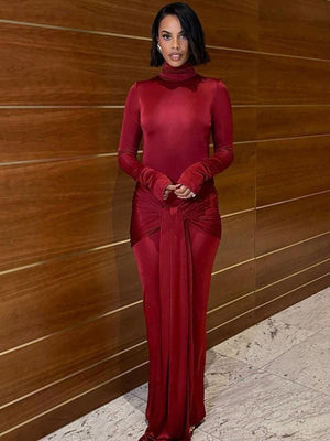 Turtleneck Long Sleeve Spliced Straps Slim Fit Maxi Dresses