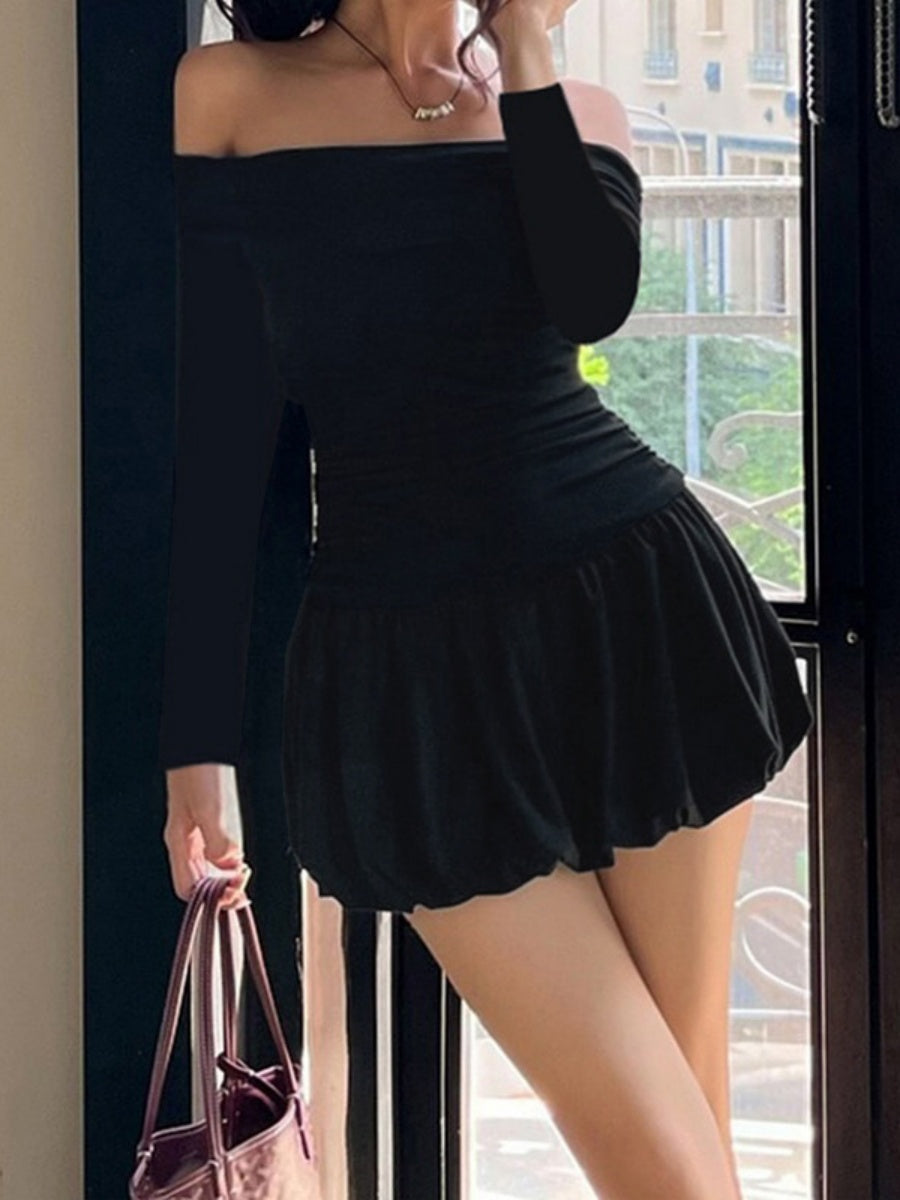 Liber Autumn Women's Off-shoulder Black and white color matching Long sleeve Mini&Short Dresses