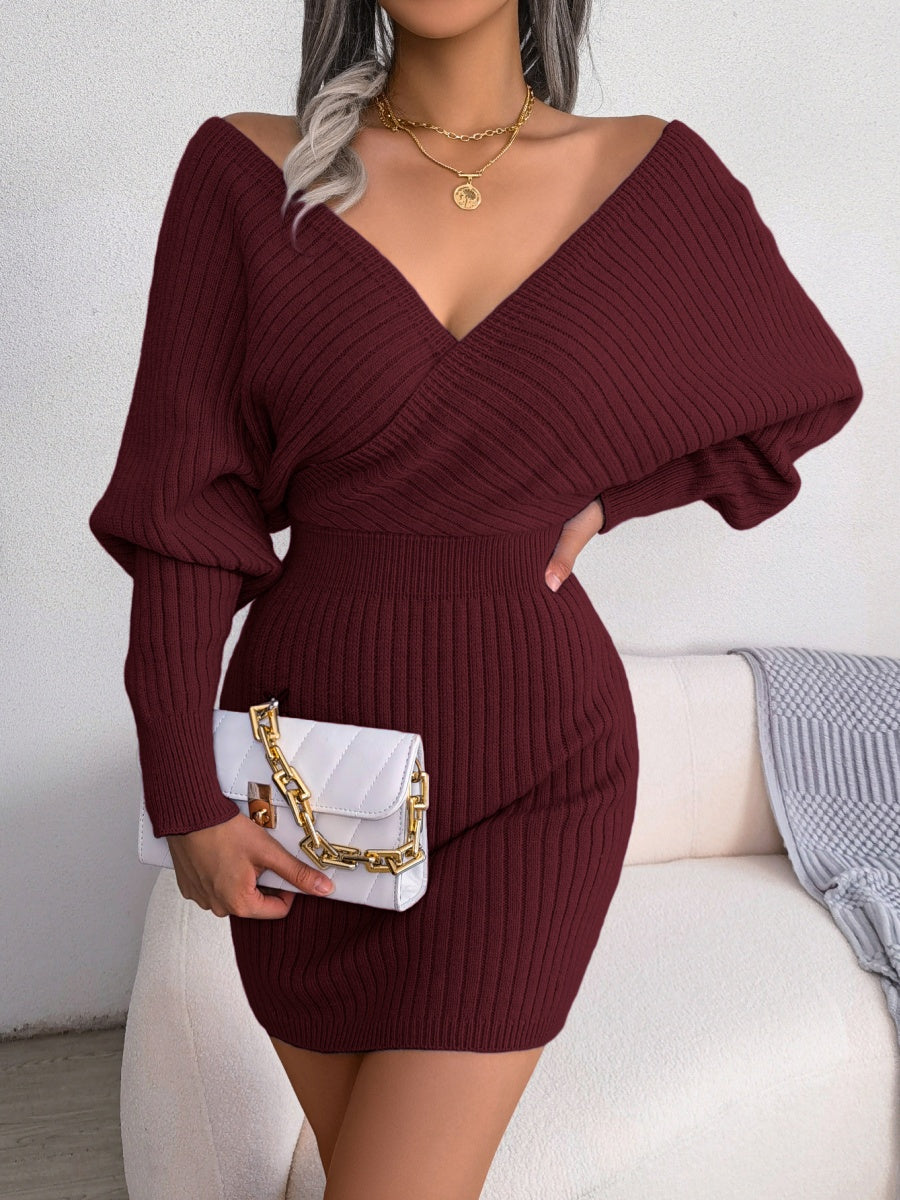 Cross V-neck Batwing Sleeves Hip-hugging Knitting Mini&Short Dresses